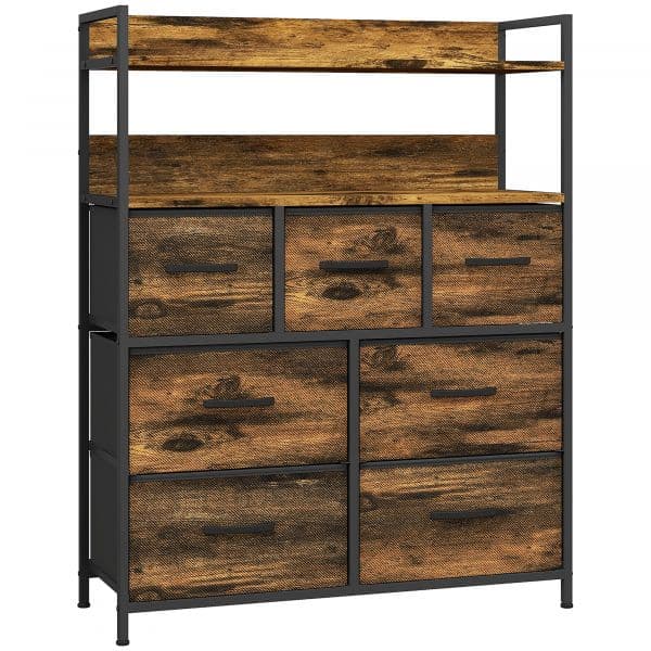 Homcom Cómoda com 7 Gavetas Dobráveis Prateleiras Abertas e Estrutura de Aço Cómoda Estreito 79x29x101 cm Castanho Rústico - 831-764V00RB
