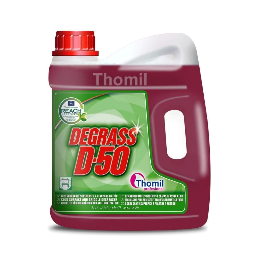 Thomil Degrass D-50 – Desengordurante alcalino concentrado para superfícies frias e chapas de assar 4,7kg