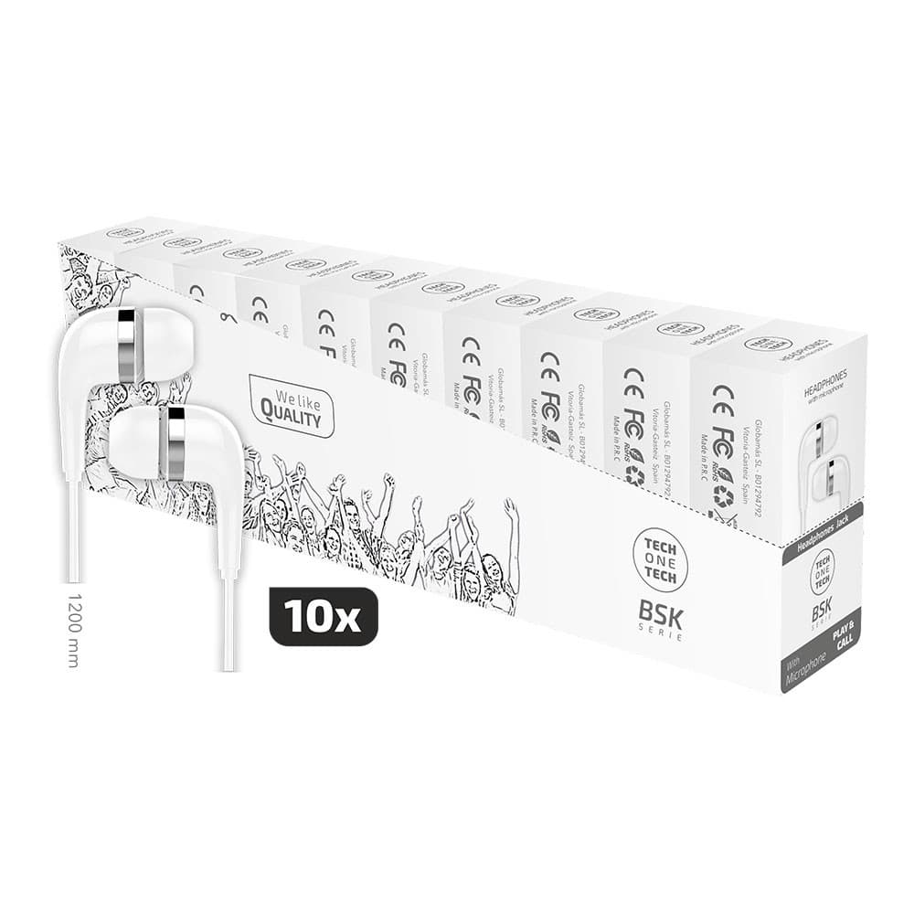 TECH ONE TECH TEC2955 / BSK 10 Auriculares Intra-auriculares com Microfone, Jack 3.5mm, Assistente de Voz, Branco - Pack de 10 Unidades