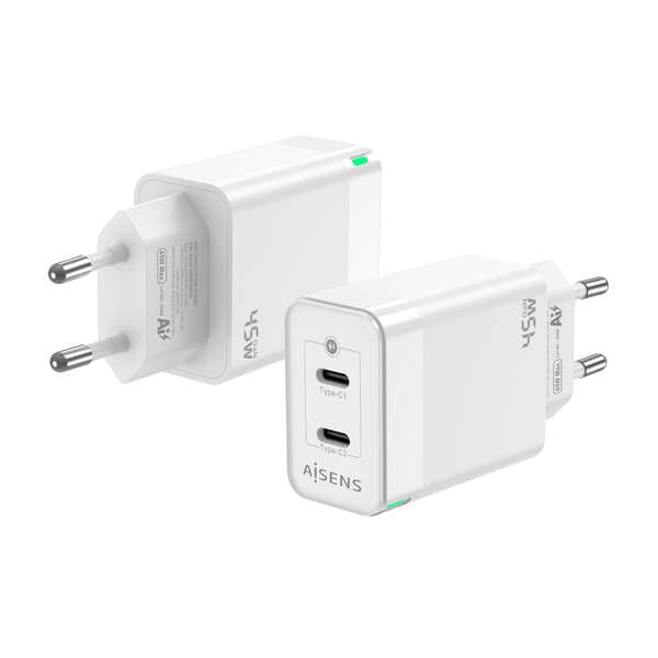 Aisens Carregador 2xUSB-C PD3.0 QC4.0 Gan 45W Branco - ASCH-45W2P005-W