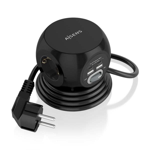 Aisens Extensão elétrica com 3 Tomadas + 2xUSB-C/2xUSB-A 1.4m Preto - ASPS-2A2C05-BK