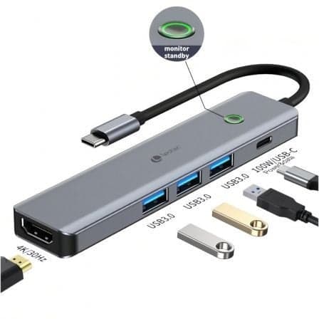 Leotec Docking Station LEDS05 + USB-C de 5 Portas 1xHDMI 4K 3xUSB-A 3.0 1xUSB-C PD 100W Cinzento
