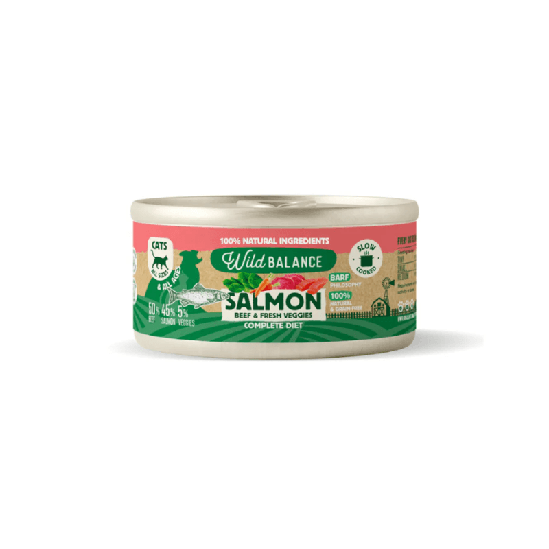 Wild Balance Gato Lata BARF cocinado al vapor SALMÓN y TERNERA con Verduras Frescas