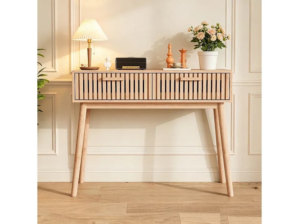 Mesa consola em madeira natural clara com 2 gavetas, estilo étnico, 100x35x80 cm, arrumação discreta para sala e entrada