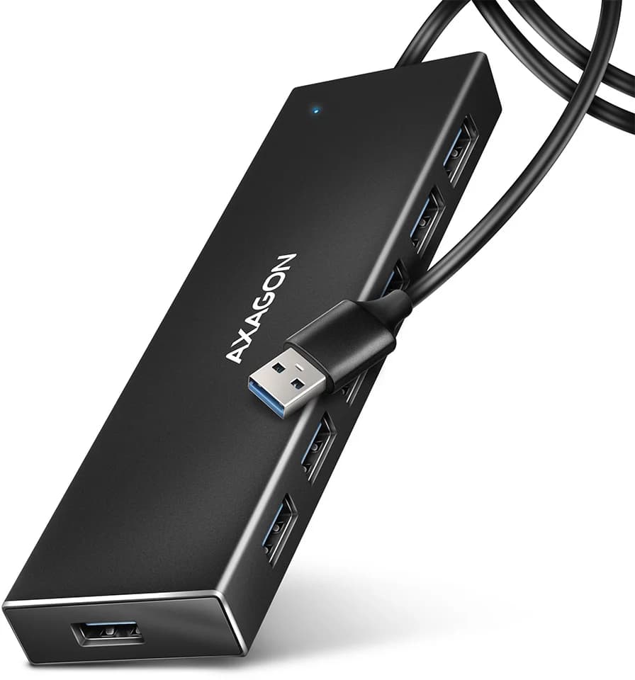 AXAGON HUB USB 7x USB 3.2 Gen 1 ALU FLAT, micro USB power IN