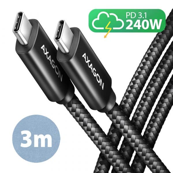 AXAGON Cabo de Carregamento USB-C USB-C 2.0, 3m, PD 240W 5A, ALU, braid