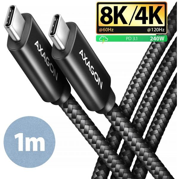 AXAGON Cabo de carregamento USB-C USB-C, USB4 Gen 3×2, 1m, PD 240W, 8K HD, ALU, braid, Black