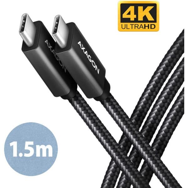 AXAGON Cabo de carregamento USB-C USB-C 3.2 Gen 2, 1.5m, PD 100W, 5A, 4K HD, ALU, braid, Black