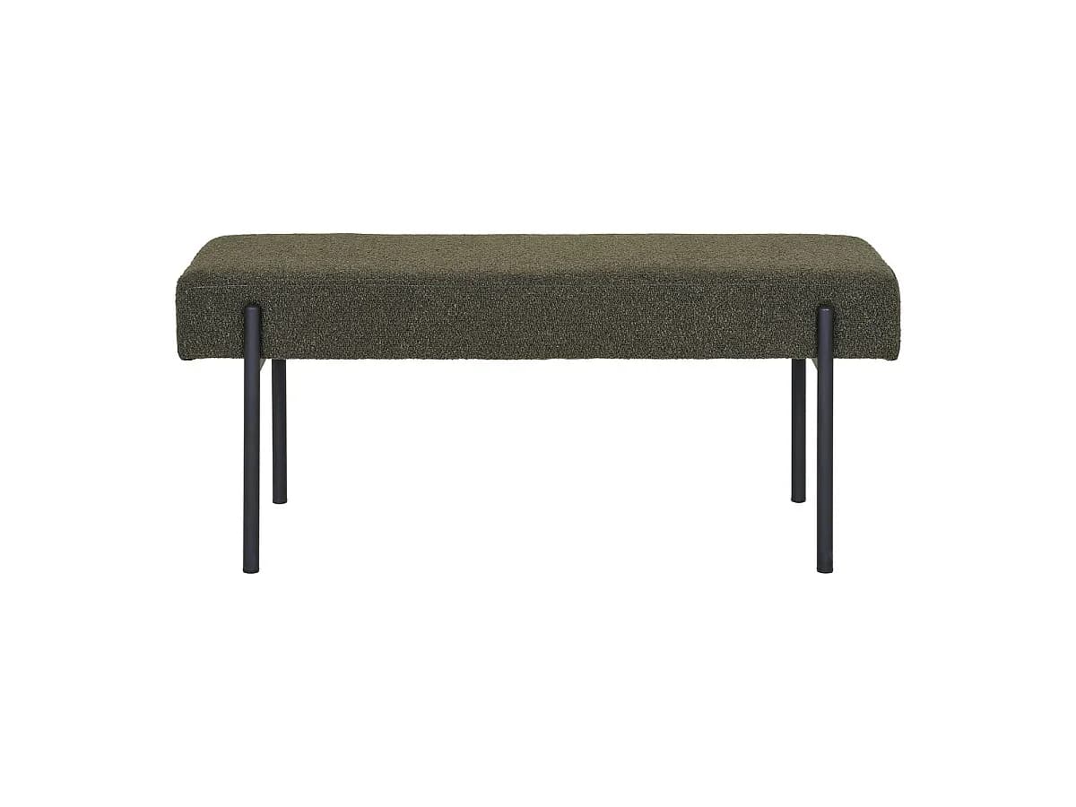 Banco Swindon em bouclé verde-escuro com pernas pretas — 100×36×42,5 cm
