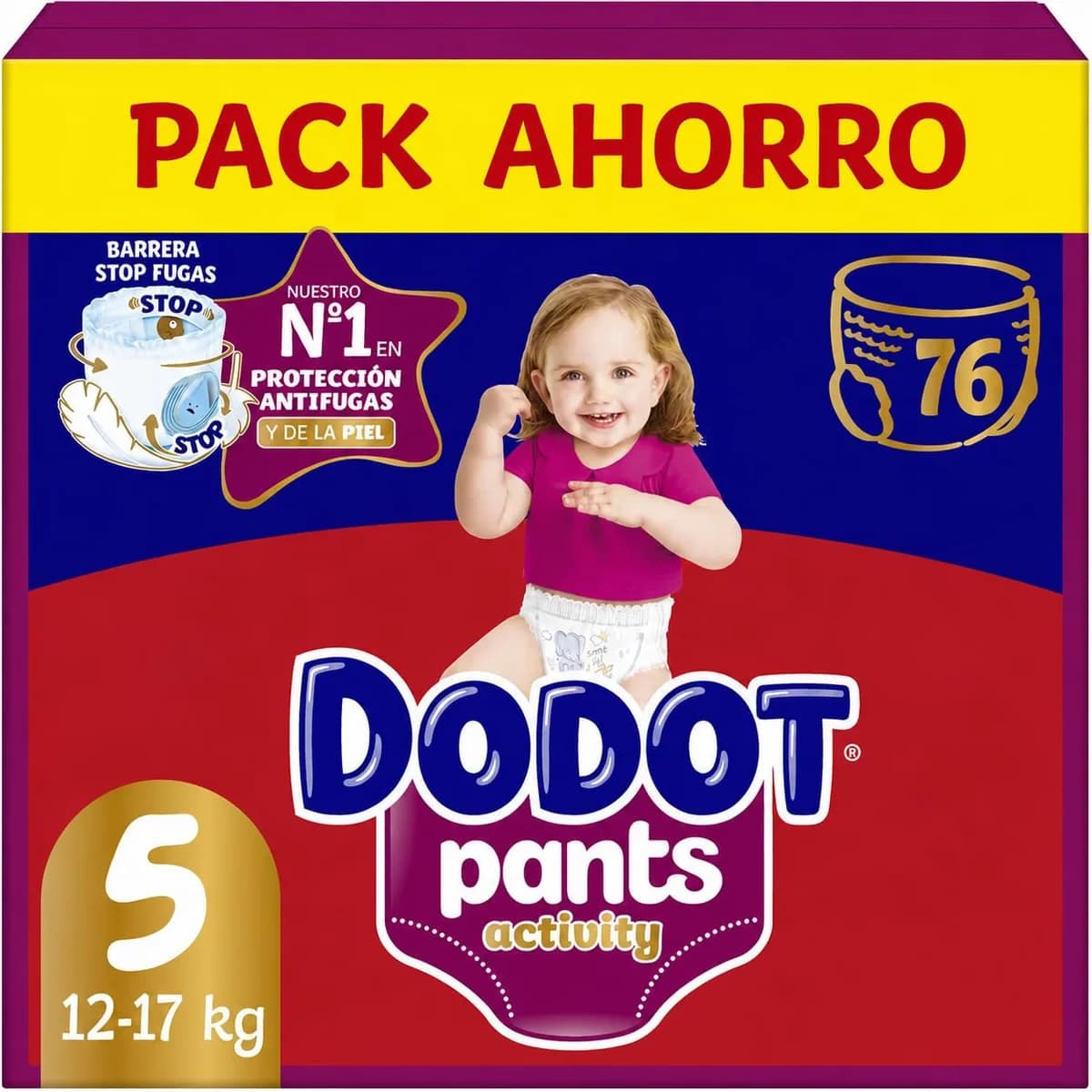 Dodot Activity Pants Pańal-Braguita Talla 5, 76 Pańales, 12kg-17kg, Con Barrera STOP Fugas Que Ayuda A Prevenir Fugas Traseras