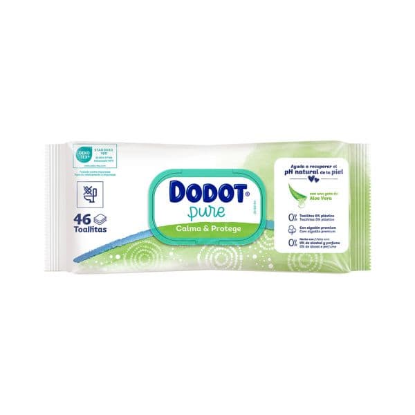 Dodot Pure Toalhitas Calma & Protege Aloe Vera 0% Plástico 46 unidades