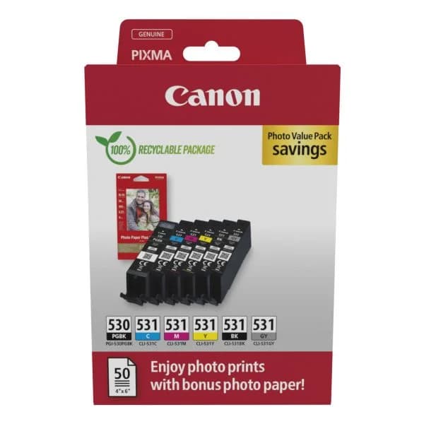 Tinteiro Canon Cartucho de Tinta PGI-530/CLI-531 PGBK/C/M/Y/BK/GY Multipack