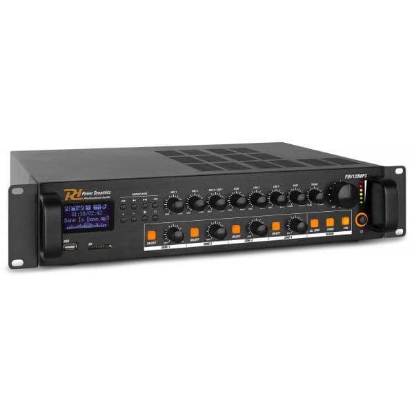 Power Dynamics Amplificador Linha 100V 120W RMS c/ 4 Zonas MP3/USB/SD/FM/BLUETOOTH (PDV120MP3)
