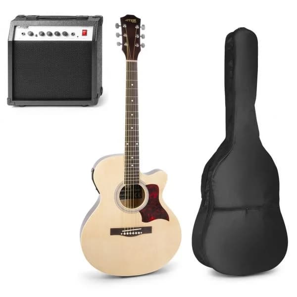 Lenco Pack Showkit Guitarra Acústica + Amplificador 40W + Acessórios (Madeira)