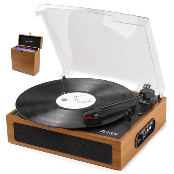 Gira-Discos FENTON Gira Discos Bluetooth 33/45/78 RPM + Caixa de Armazenamento de Discos Vinil (Madeira Clara)