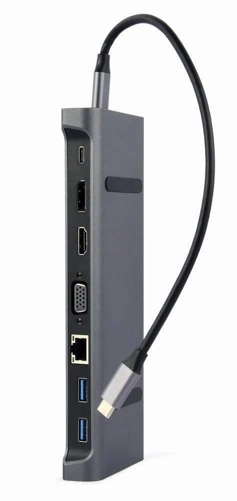 Gembird Adaptador USB-C 9-in-1 (Hub 3.0 + HDMI + DisplayPort + VGA + PD + LAN + Stereo Audio) Preto