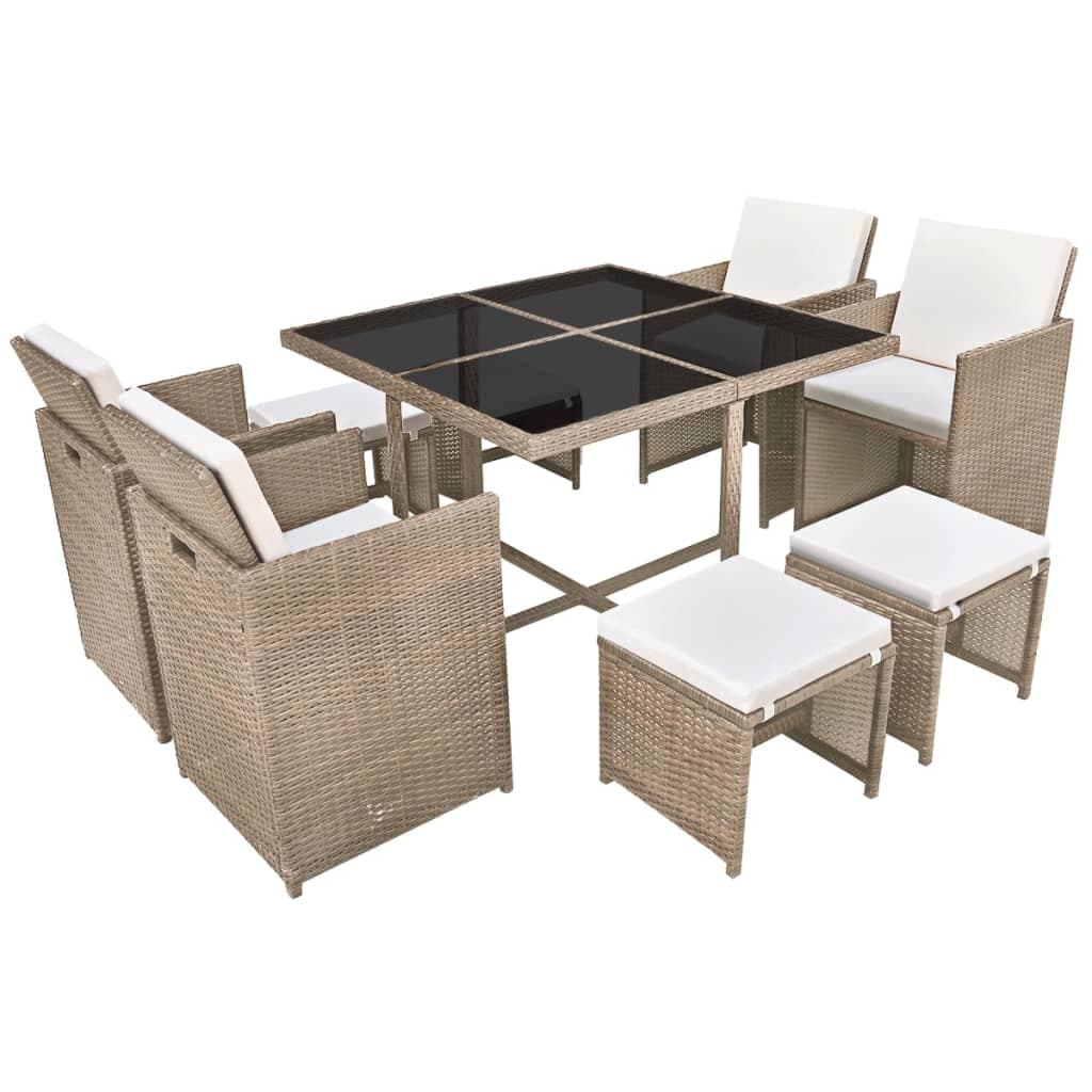 vidaXL 9 pcs conjunto jantar exterior com almofadões vime PE bege