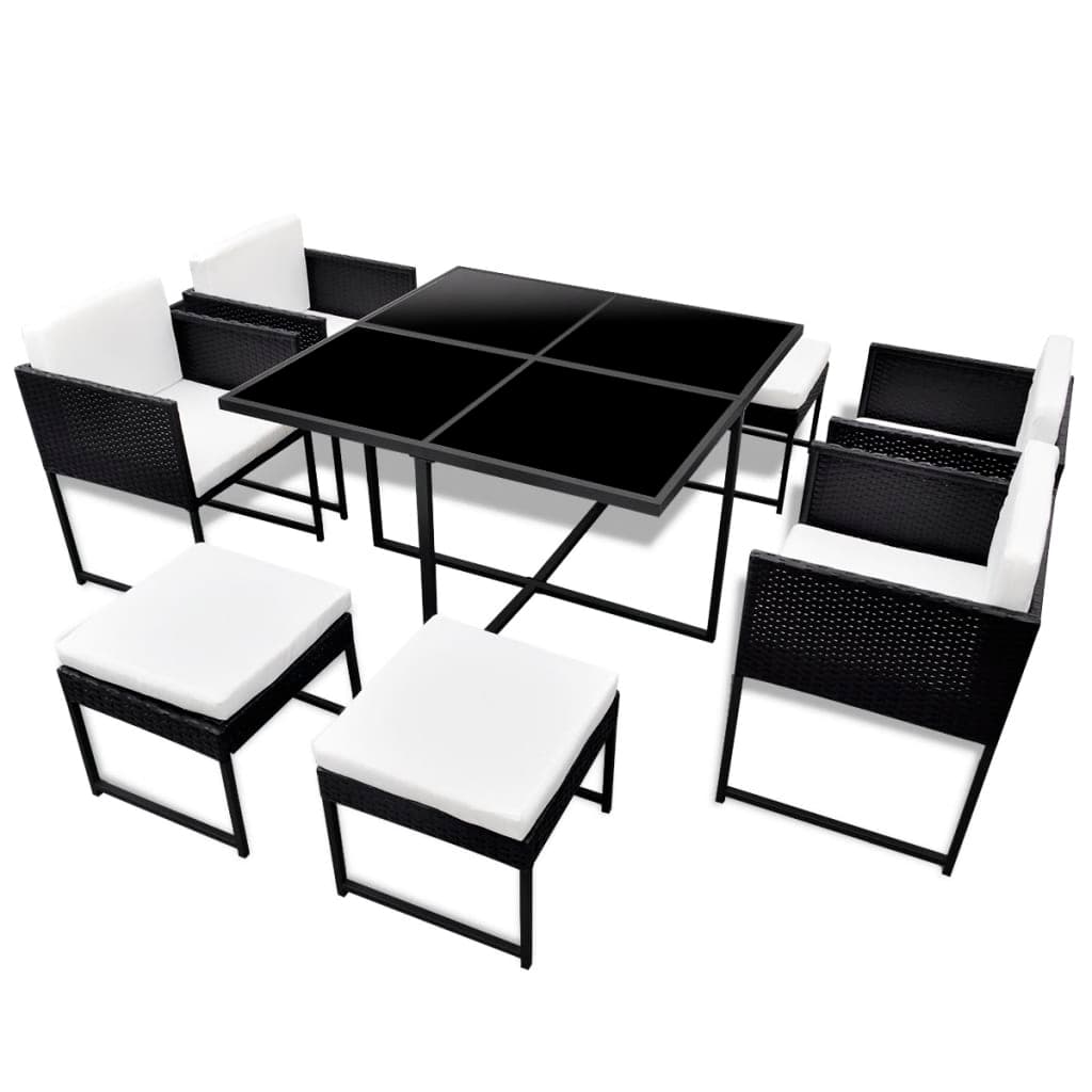 vidaXL 9 pcs conjunto jantar exterior com almofadões vime PE preto
