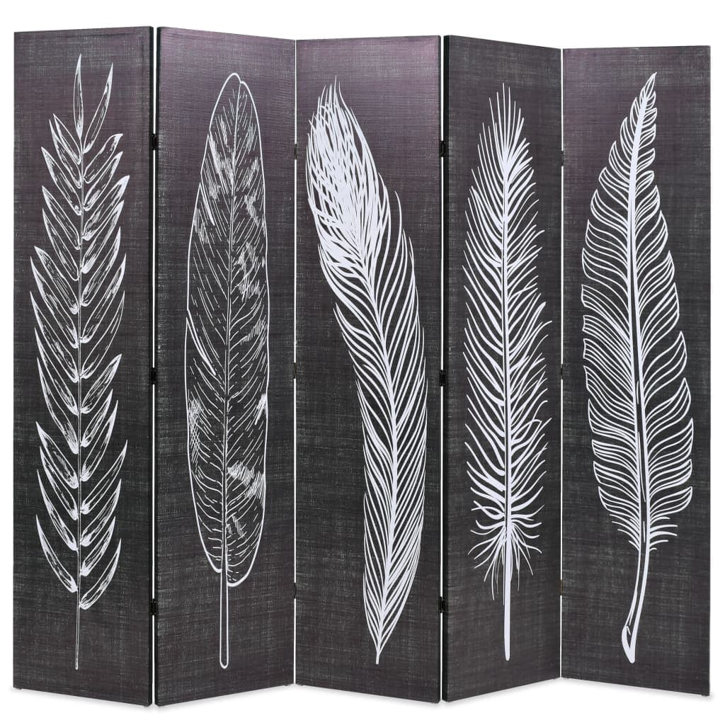 vidaXL Biombo dobrável com estampa de penas 200x170 cm preto e branco