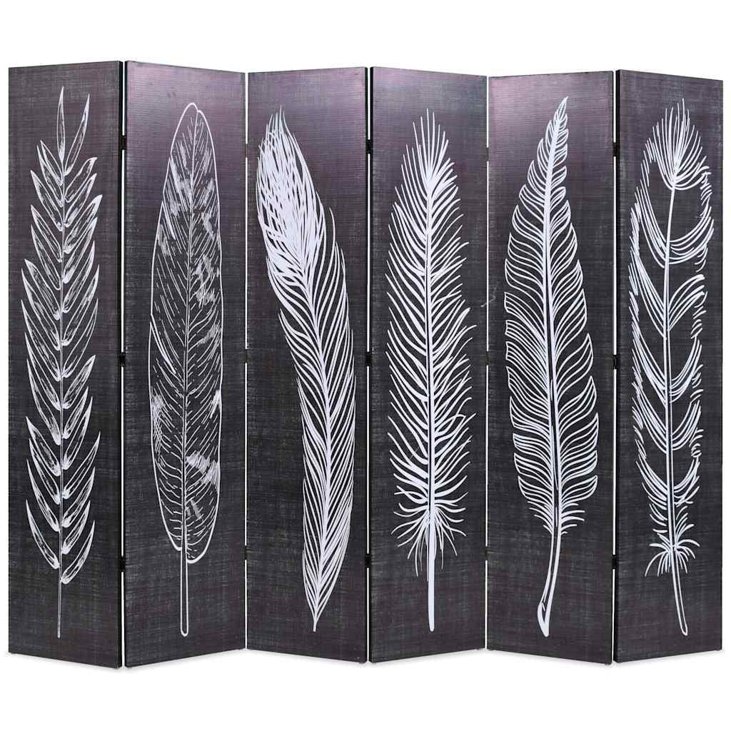 vidaXL Biombo dobrável com estampa de penas 228x170 cm preto e branco