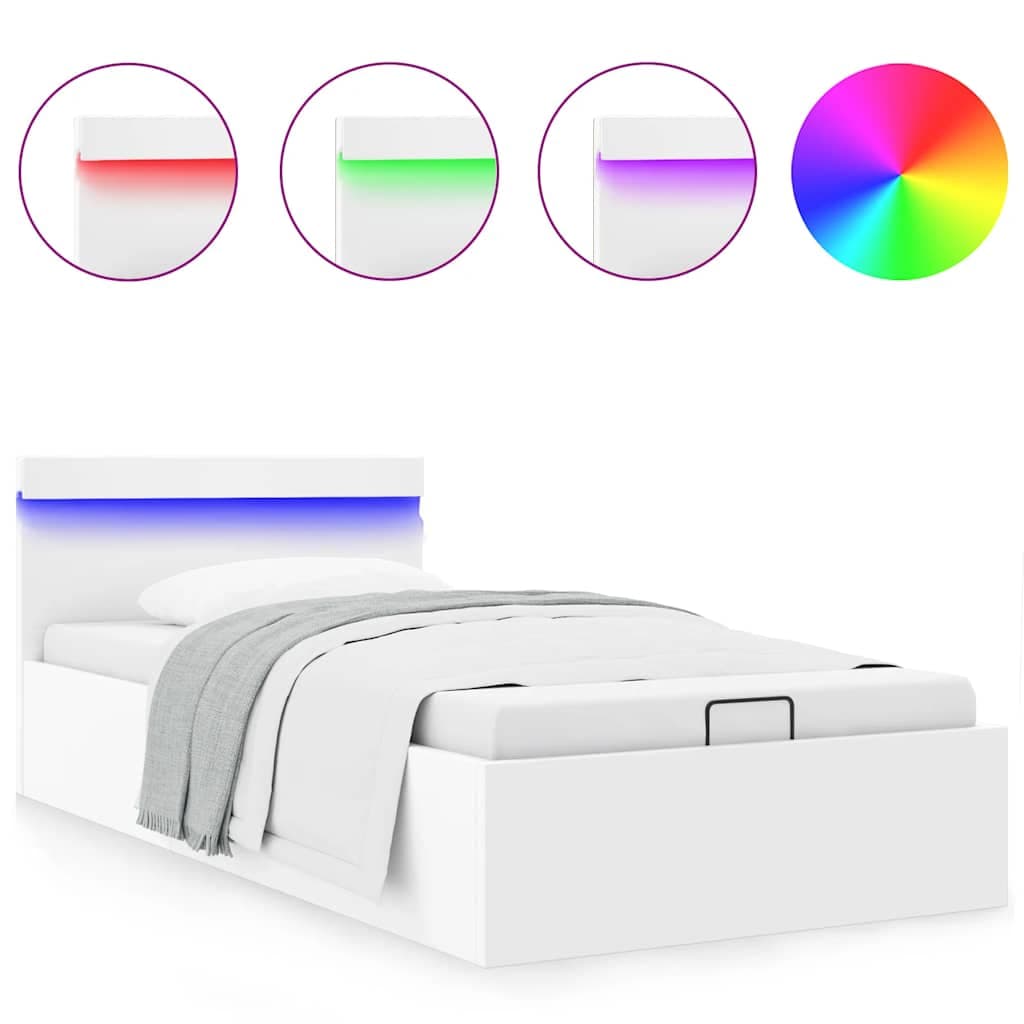 vidaXL Cama hidráulica c/ arrumação LED 100x200cm couro artifi. branco