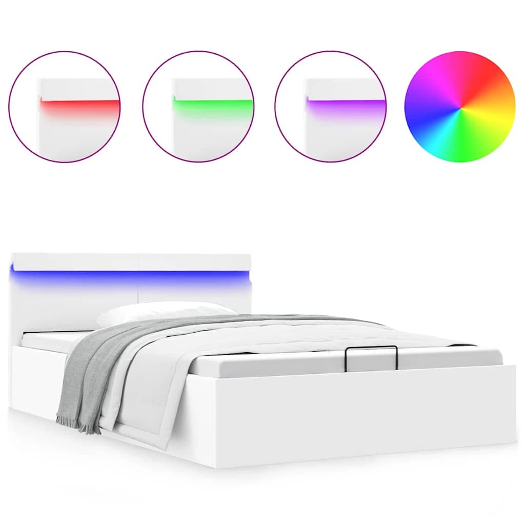 vidaXL Cama hidráulica c/ arrumação LED 120x200cm couro artifi. branco