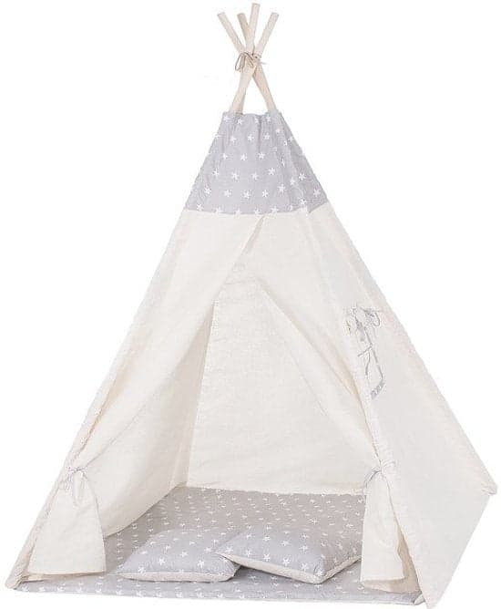 Tenda tipi infantil em algodão bege e cinza 160x120x100 cm com capas almofada