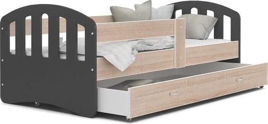 Cama infantil em madeira 180x80 cm com estrado e gaveta cinzenta