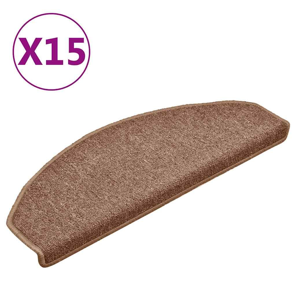 vidaXL Tapetes de escada 15 peças 65x24x4 cm marrom semicircular grande