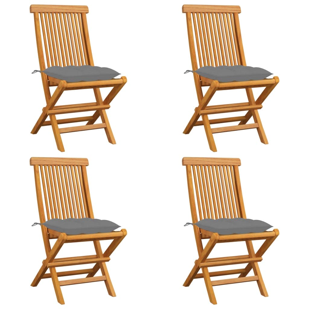 vidaXL Cadeiras de jardim c/ almofadões cinzentos 4 pcs teca maciça