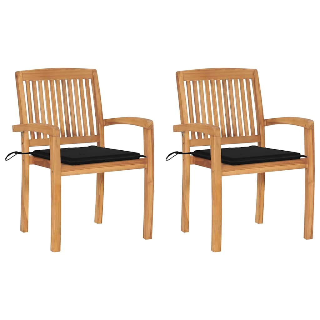 vidaXL Cadeiras de jardim c/ almofadões pretos 2 pcs teca maciça