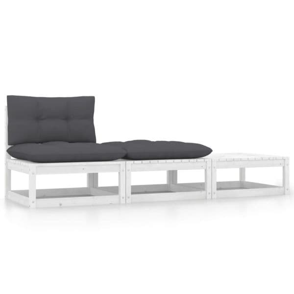 3 Peças Conjunto Lounge Jardim com Almofadões Pinho Maciço Branco - 805766