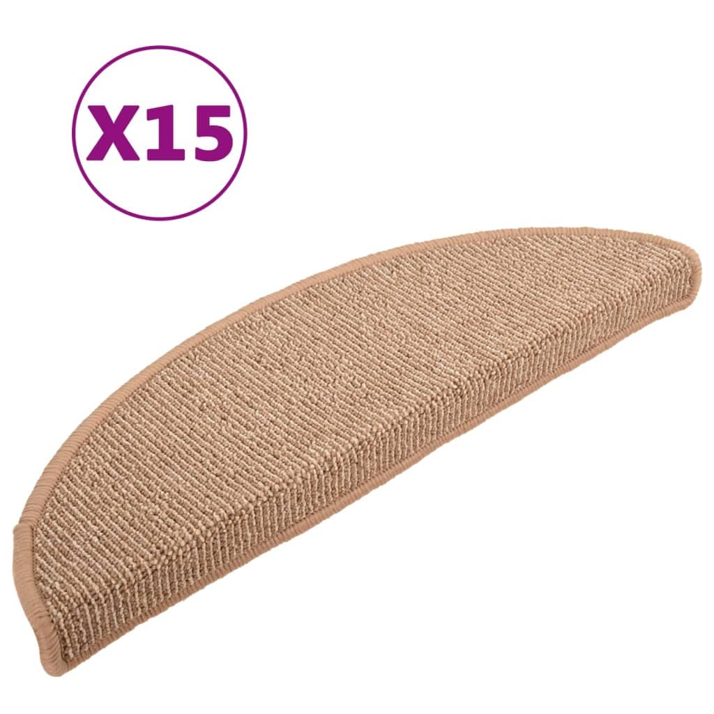 vidaXL Tapetes de escada 15 peças 56x17x3 cm marrom claro semicircular