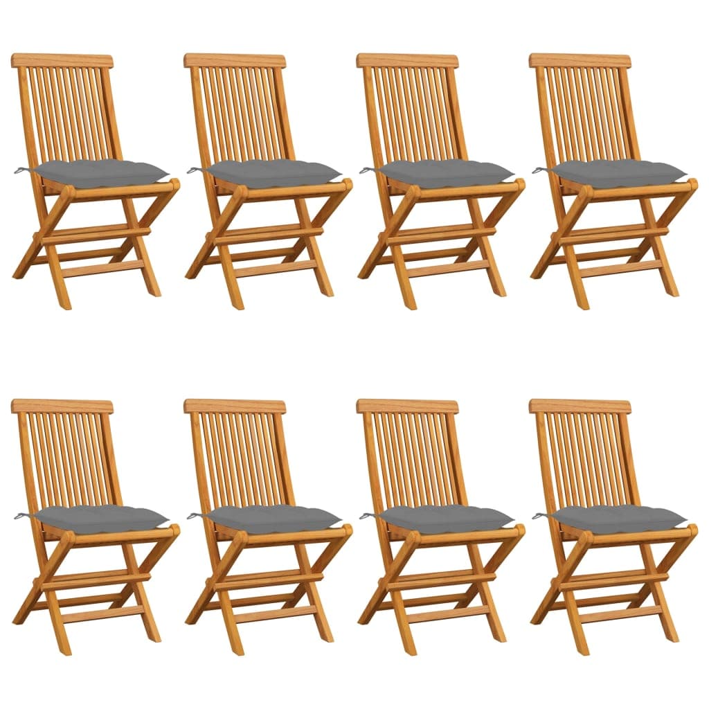 vidaXL Cadeiras de jardim c/ almofadões cinzentos 8 pcs teca maciça