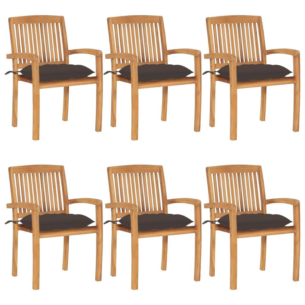 vidaXL Cadeiras de jardim empiháveis c/ almofadões 6 pcs teca maciça