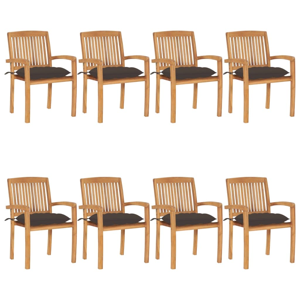vidaXL Cadeiras de jardim empiháveis c/ almofadões 8 pcs teca maciça