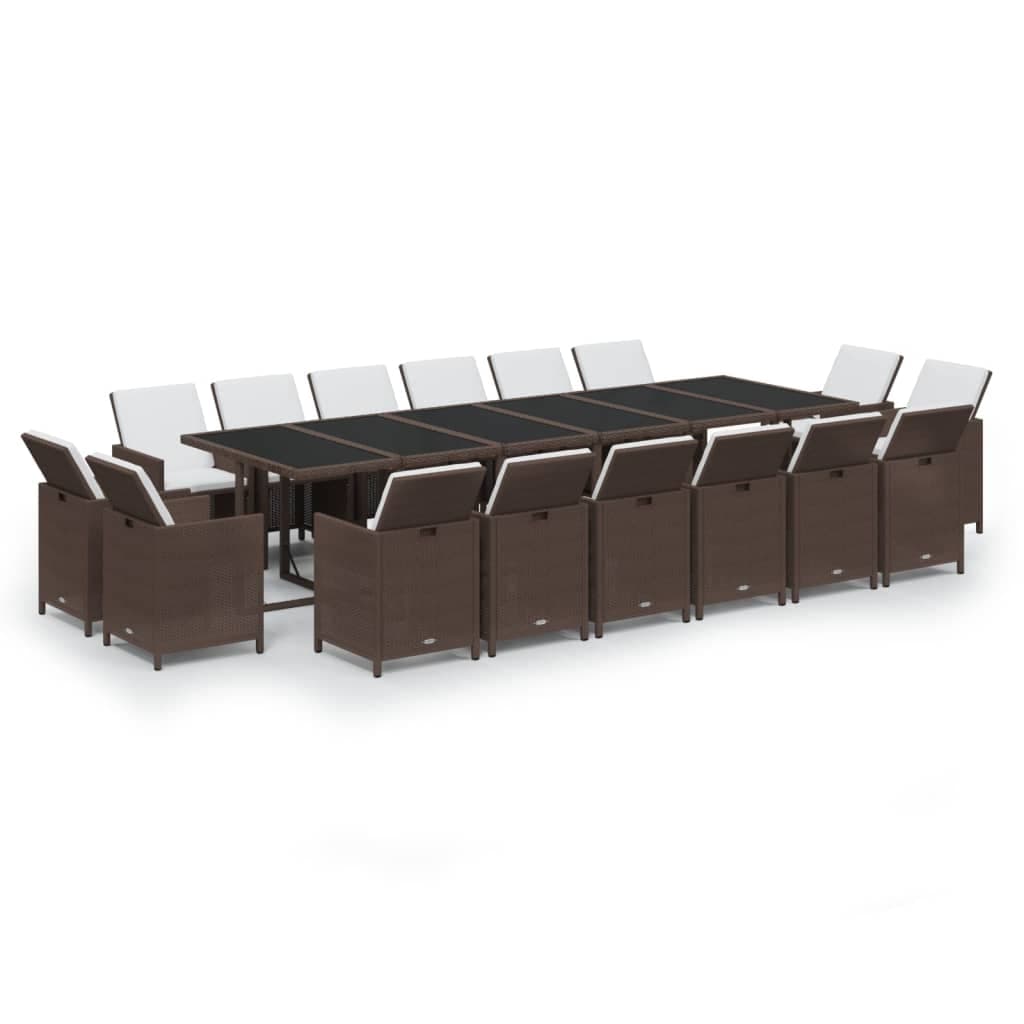 vidaXL 17 pcs conjunto jantar p/ jardim c/ almofadões vime PE castanho