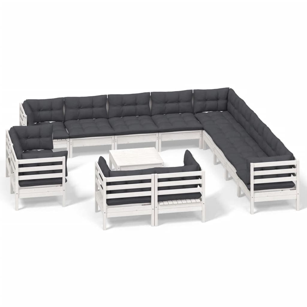 vidaXL 14 pcs conj. lounge de jardim c/ almofadões pinho maciço branco
