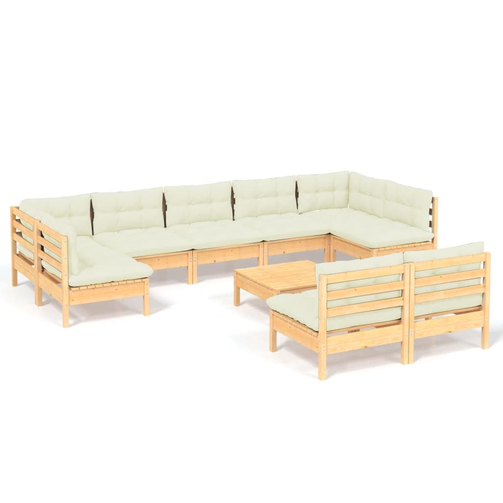 vidaXL 10 pcs conjunto lounge jardim c/ almofadões creme pinho maciço