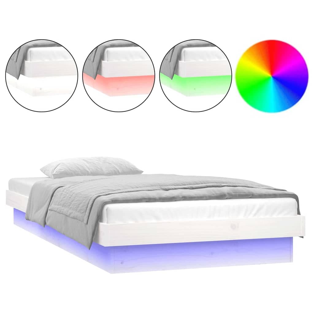 vidaXL Estrutura cama c/ LED solteiro 75x190 cm madeira maciça branco