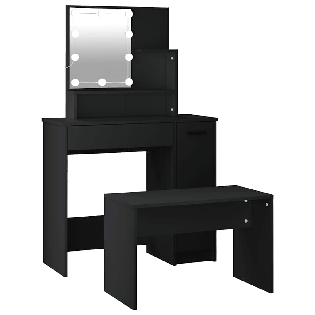 vidaXL Conjunto de toucador com luzes LED derivados de madeira preto