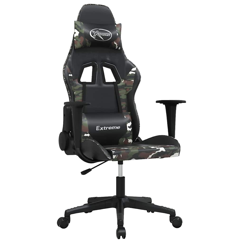 vidaXL Cadeira gaming massagens couro artificial preto e camuflagem