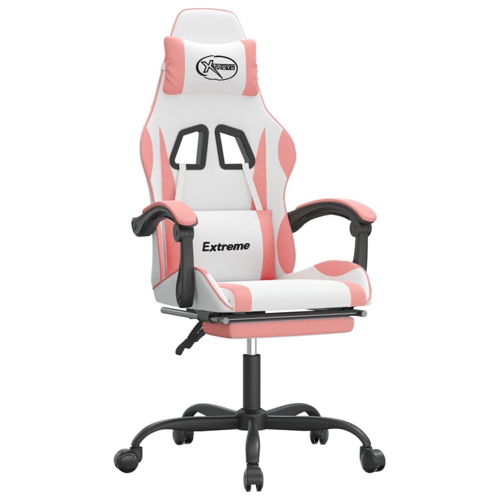 vidaXL Cadeira gaming giratória c/ apoio pés couro artif. branco/rosa
