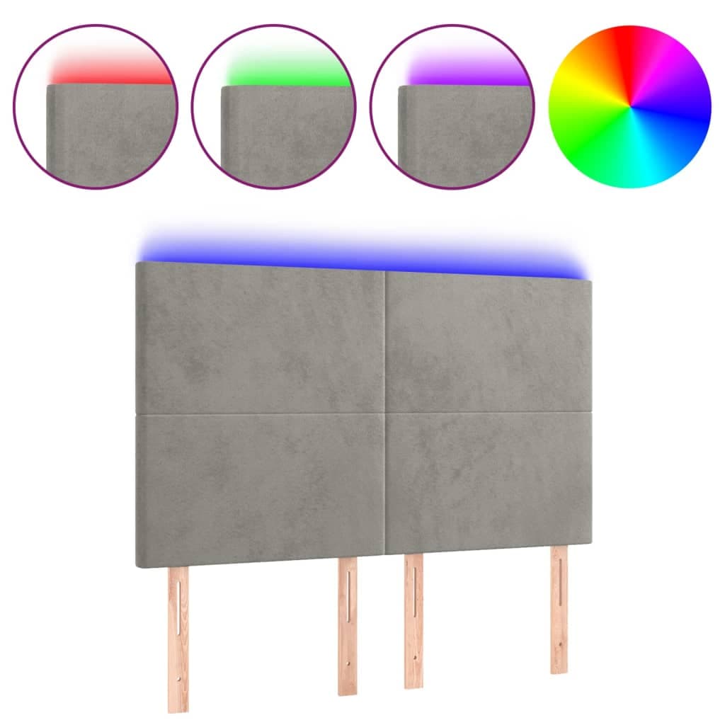 vidaXL Cabeceira cama c/ luzes LED veludo 144x5x118/128cm cinza-claro