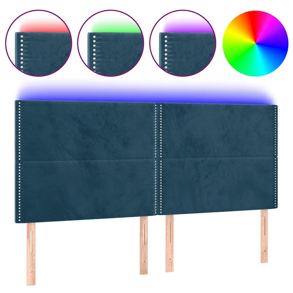 vidaXL Cabeceira cama c/ luzes LED veludo 200x5x118/128cm azul-escuro