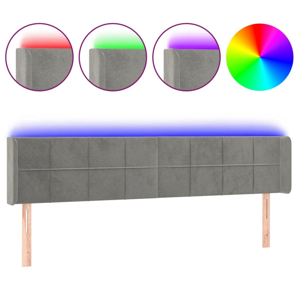 vidaXL Cabeceira cama c/ luzes LED veludo 203x16x78/88 cm cinza-claro