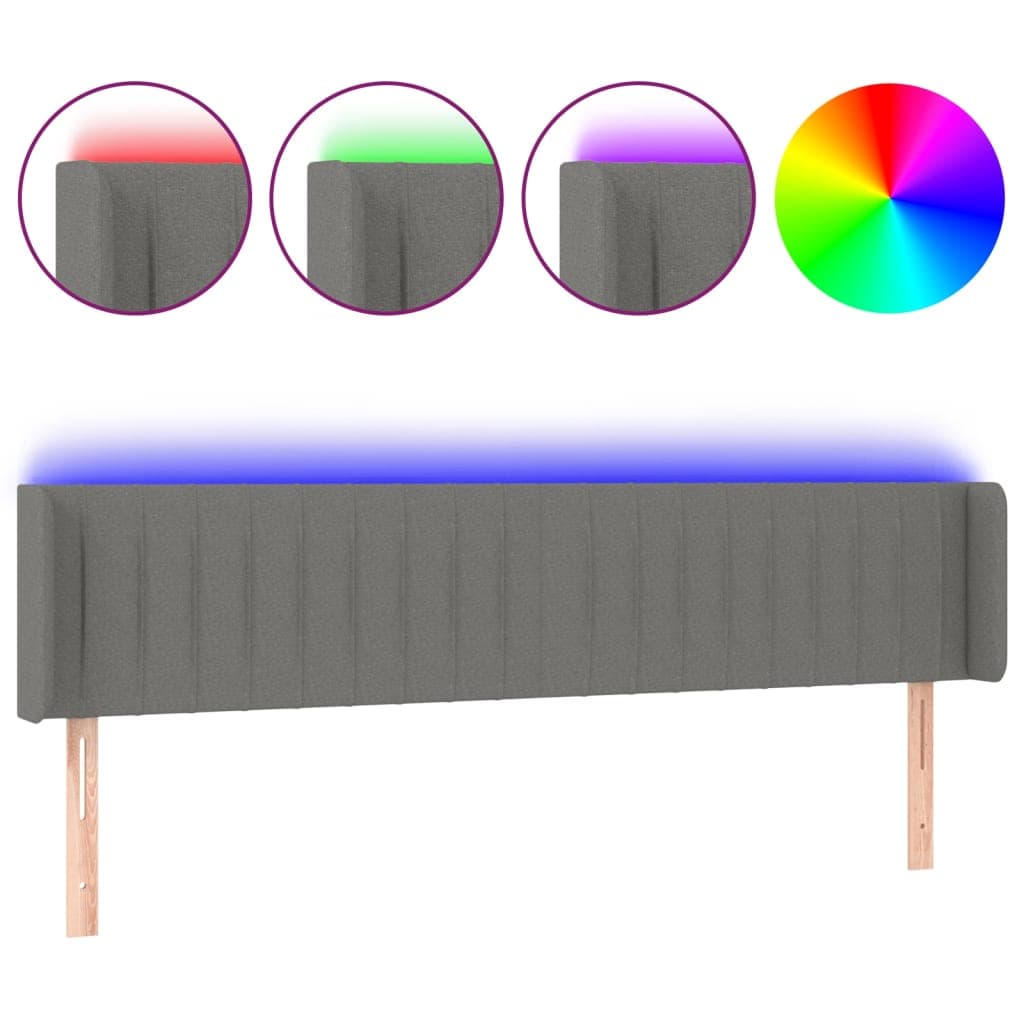 vidaXL Cabeceira cama c/ luzes LED tecido 203x16x78/88cm cinza-escuro
