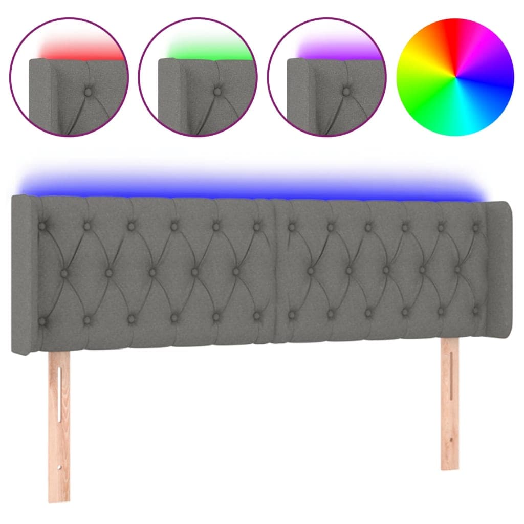 vidaXL Cabeceira cama c/ luzes LED tecido 147x16x78/88cm cinza-escuro