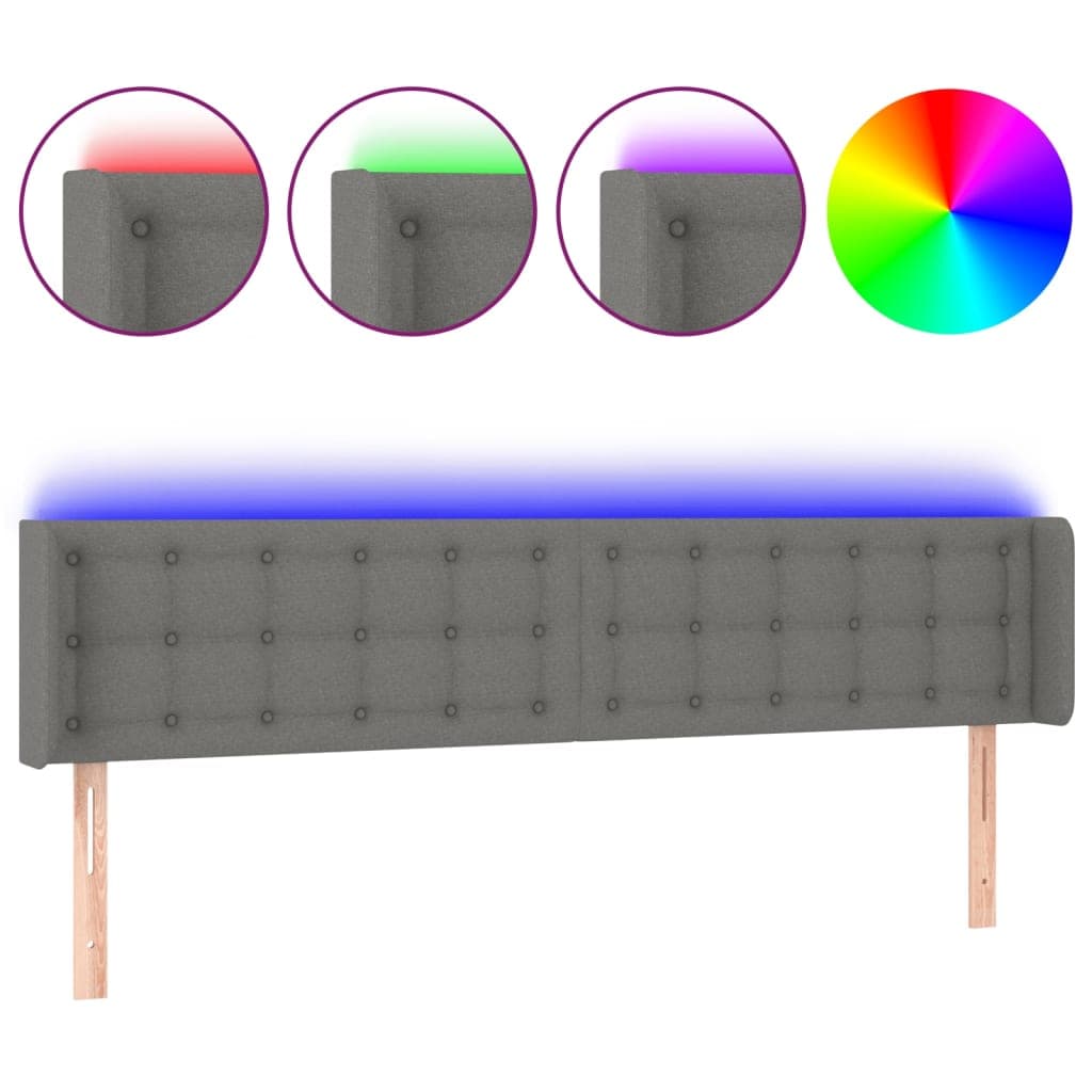 vidaXL Cabeceira cama c/ luzes LED tecido 203x16x78/88cm cinza-escuro