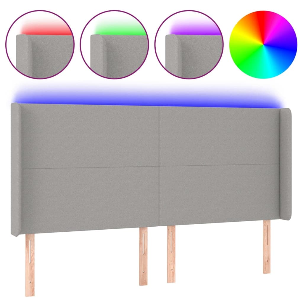 vidaXL Cabeceira cama c/ luzes LED tecido 183x16x118/128cm cinza-claro